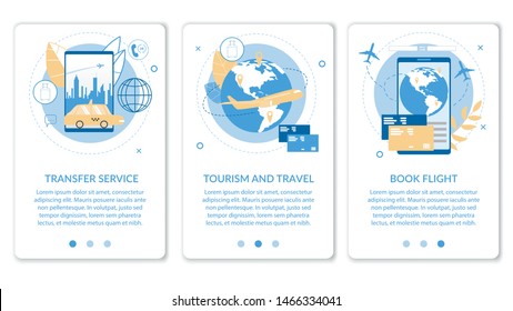 Informative Flyer Inscription Transfer Service. Set Banner is Written Tourism and Travel, Book Flight. Taxi Poster DeliverstTo Airport. Plane Flight Across Ocean. Vector Illustration.