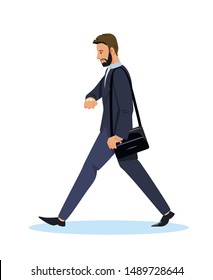 Informative Flyer Man Hurries to Work Cartoon. Banner Fashionable Bearded Guy goes and Looks at Wristwatch. Young Man in Suit Walks with Bag. Vector Illustration on White Background.