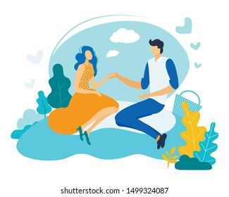 Informative Flyer Man with Woman on Picnic Flat. Woman Talking fo Long Time with her Partner. Husband and Wife Hold Hands Sitting in Clearing on Picnic Cartoon. Vector Illustration.