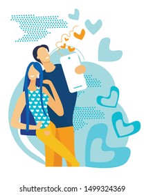 Informative Flyer Man and Woman Take Selfie Flat. Banner Couple in Love Truly Radiate Love.  Poster Guy and Girl are Photographed against Background Hearts Cartoon. Vector Illustration.