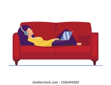 Informative Flyer Musical Relaxation at Home. Information Poster Passive Rest at Home on Couch. Girl Lying on Couch and Listening in Headphones Through Laptop. Vector Illustration.