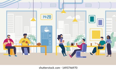 Informative Flyer Office Staff Lunch Room Flat. Thoughtful Office Layout. Men And Women Sit In Dining Room At Office And Eat Different Dishes During Lunch Cartoon. Vector Illustration.