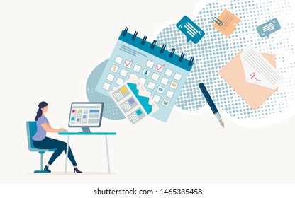 Informative Flyer Online Document Management. Trendy Poster Conceptual Idea Annual Planning Goals and Objectives. Banner Woman Sits at Table and Looks at Glider. Vector Illustration.