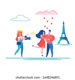 Informative Flyer Photoshoot Attractions Flat. Email Communication By Agreement Client. Girl Photographs Couple In Love Against Background Historical Sights Cartoon. Vector Illustration.