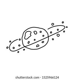 informative flyer planet craters sparks around. cartoon sketch art style star outer space around which bewitching glow. surface large funnels visible from far away, sparkling dots circle.