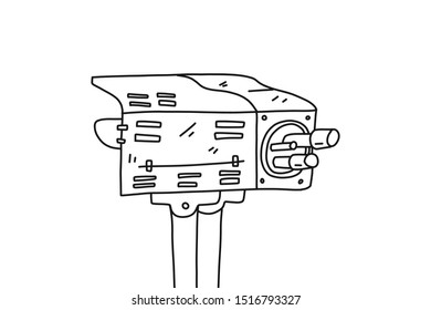 Informative flyer, quick sketch new cinecamera. Black contour with hand-drawn lines modern camera. Device for shooting. Creation films and videos. Vector illustration.