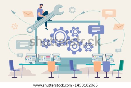 Informative Flyer Repair Work and Setup Flat. Conceptual Idea Setting up Shared Network Access. Banner Man Sits on Computer Screen with Wrench and Adjusts Gears. Vector Illustration.