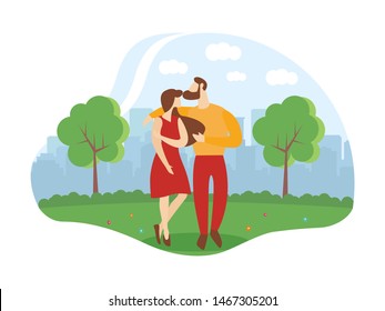 Informative Flyer Romantic Relationship Cartoon. Relationships are in Many Ways Similar People who Understand Each other Very Well.  Husband and Wife are Standing in Embracing in Park. 