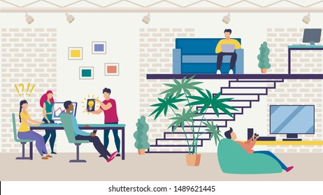 Informative Flyer Search for Promising Idea Flat. Professional Design in Office. Common Space Large Open Office. Zoned Office Space.  Guy is Resting Playing Console. Vector Illustration.