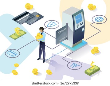 Informative Flyer Servicing Legal Entities in Bank. Bank Provides Client with Methodological Support. Encryption and Integrity Control Information Transmitted to Bank. Vector Illustration.