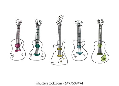 Informative flyer set hand drawn guitar acoustic. Sketch different types acoustic guitars. Stringed musical instrument. Modern pop and flock guitar.  Vector illustration.