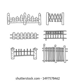 Informative flyer set hand drawn fence, cartoon. Fence is different style from different materials. Wooden and metal constructions. Decorative decoration. Obstacle from entering territory.