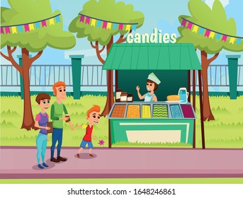 Informative Flyer Sign on Sign Candies Cartoon. Poster Summer Fair Play and Marketplace. Dad Mom and Son are Standing Next to Stall. Girl Seller Offers Sweets. Vector Illustration.