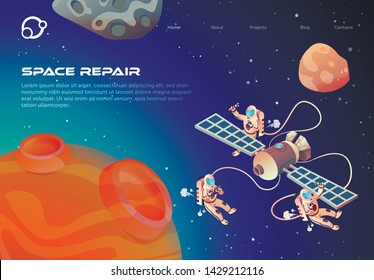 Informative Flyer Space Repair Lettering Cartoon. Cosmonauts in Outer Space Repair Satellite. Closeup Red Planet on Background Outer Space Astronauts Fly Near Satellite. Vector Illustration.