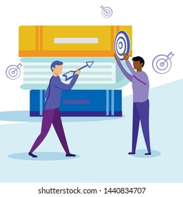 Informative Flyer Strategy to Achieve Goals Flat. Man Aims at Target on Background Books. First Stages Development Company. Financial Aspects Achieving New Goals. Vector Illustration.