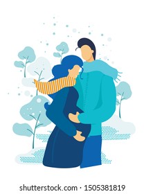 Informative Flyer Walk with Pregnant Cartoon Flat. Couple Sacrifices their own Preferences for Benefit another. Man Hugs Pregnant Woman, Gentle Relationship Husband and Wife. Vector Illustration.