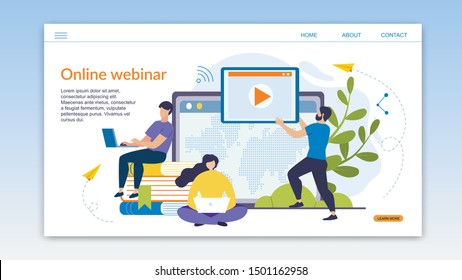 Informative Flyer is Written Online Webinar Flat. Banner Men and Women are Browsing Webinar on an Electronic Device. Girl Sitting with Laptop Cartoon. Vector Illustration Landing Page.