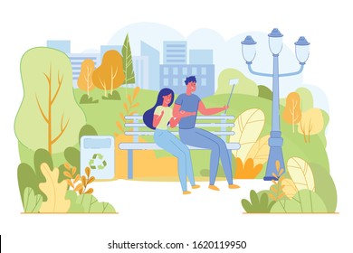 Informative Flyer, Young Couple Taking Selfie. Man and Woman Dressed in Sportswear are Sitting on Bench Park and Taking Selfie against Background Buildings and Plants. Vector Illustration.