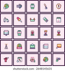 Informative journalism icon set presenting broadcasting and reporting theme