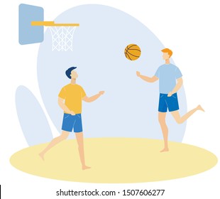 Informative Poster Basketball on Beach Cartoon. Vector Illustration. Guys Training in Game Basketball. They Spend Time Together and Play their Favorite Game, they Actively Relax with Advantage.