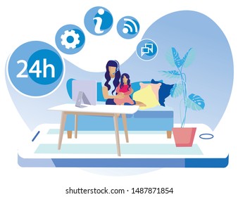 Informative Poster Combination Work and Family. Operator Maintains an Optimistic Tone Voice. Young Woman Working at Home with her Child. Girl Sitting on Sofa with Girl. Vector Illustration.