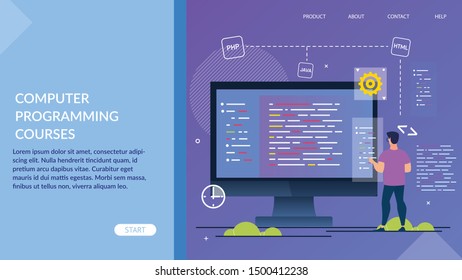 Informative Poster Computer Programming Courses. Man Stands Near Large Computer Monitor. Screen is Programming. Use Java Language. Advanced Training for Programmers. Successful Modified Course.