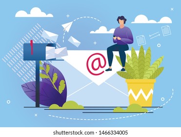 Informative Poster Correspondence Exchange Flat. Tools For Implementing Email Marketing and Sending Mass Mailings to Customers. Man Receives and Sends Correspondence. Vector Illustration.