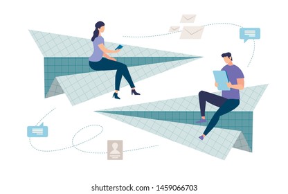 Informative Poster Easy Messaging Cartoon Flat. Banner Conceptual Idea Easy Relationship Man and Woman. Bright Flyer People Messaging Sitting on Paper Airplanes. Vector Illustration.