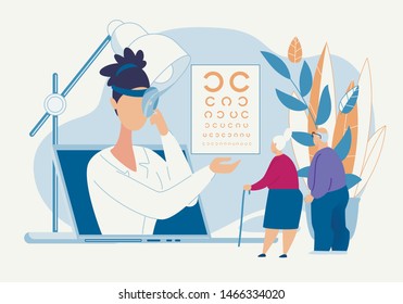 Informative Poster Eye Diagnosis by an Oculist. Selection Glasses for Poorly Seeing People Female Doctor Helps Elderly Patients. Successful Selection Lenses and Glasses for Eyes Cartoon. 