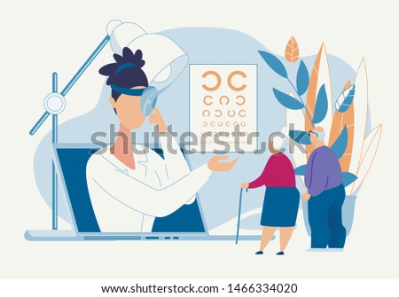Informative Poster Eye Diagnosis by an Oculist. Selection Glasses for Poorly Seeing People Female Doctor Helps Elderly Patients. Successful Selection Lenses and Glasses for Eyes Cartoon. 