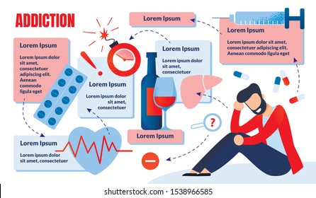 Informative Poster Inscription Addiction Problem. Man in Casual Clothes Sits on Floor and Sadly Bowed his Head against Background Bottle Alcohol and Drugs Cartoon. Vector Illustration.