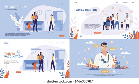 Informative Poster Inscription Online Doctor. Set Banner is Written Family Doctor, Pediatrician Healthy Childhood, Time to Vaccination.  Family Turned to Family Doctor for Help. Vector Illustration.