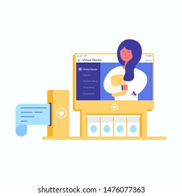 Informative poster inscription virtual doctor flat. Joyful happy female doctor giving online consultation. Therapeutic site. Quick help. Medical information assistance via internet. Mobile device.