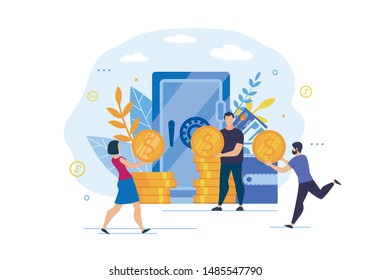 Informative Poster Investment Fund Cartoon Flat. Placement Capital for Profit. People With Gold Coins are in Hurry to Approach Man who is Standing by Large Safe. Vector Illustration.