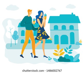 Informative Poster Man and Woman Eat Ice Cream. Man and Girl Feel Real Affection for Each Other. Couple in Love Walks around City, Eating Ice Cream and Chatting with Each Other. Vector Illustration.