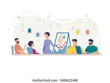 Informative Poster Meeting Report Cartoon Flat. Flyer Expressive Manager Conveys Idea yo Customers. Banner Woman Giving Presentation to Office Staff Using Chart. Vector Illustration.