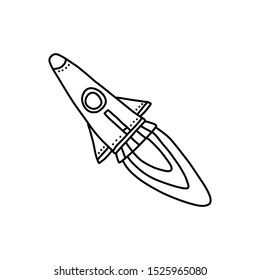 Informative poster rocket taking into outer space. starship soars full steam into outer space, behind apparatus there large flame fire. drawn cartoon style with black pencil white background.