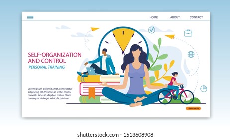 Informative Poster Self-organization And Control. Personal Training. Girl Meditates Sitting On Floor. Guy Is Sitting On Big Books On Background Large Dial, Next To Woman Is Riding Bicycle.