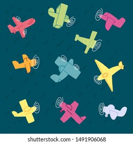 Informative poster set hand drawn plane, cartoon. Beautiful simple children's propeller airplanes. Variety  aircraft flying in different directions. Quick sketch. Vector illustration.