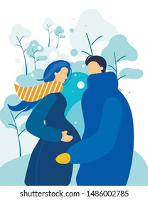 Informative Poster Walk with Pregnant Wife Flat. Invariable Respect for Each other and Faith in Each other. Pregnant Wife and Husband are Looking at Each other, Standing in Park. Vector Illustration.