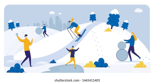 Informative Poster Winter Fun in Snowy Weather. Snow Slides in Countryside, People have Fun in Cold. Girl Sculpts Snowman. Guy is Skiing. People Play Snowballs. Vector Illustration.