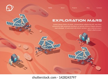 Informative Poster is Written Exploration Mars. Robotization for Soil Research and Technical Experimentation. High Degree Autonomy and Organization Scientific Research Landing Page.