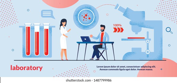 Informative Poster is Written Laboratory Flat. Set Methods Aimed at Analysis Studied Material. Man and Woman are Working in Laboratory, Near Large Microscope and Test Tubes with Blood.