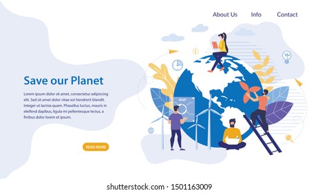 Informative Poster Written Save Our Planet Flat. Banner Comfort and Coziness in Office. Flyer People Work around Planet. Girl Sitting with Tablet on Top Planet. Vector Illustration.
