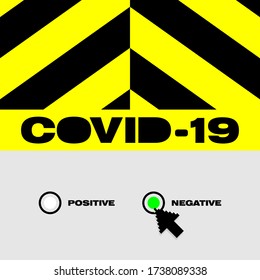 informative poster in yellow and black with COVID-19 negative or positive button and mouse cursor