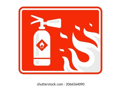 informative red sticker fire extinguisher and flame. flat vector illustration