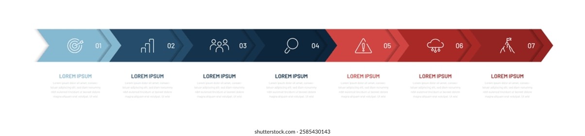 Informative seven-step infographic. Timeline for a presentation, website, or report. The concept of achieving a goal or result. Marketing, a modern chart with sequential steps