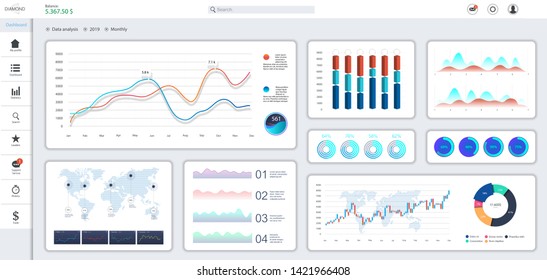 Informative and simple dashboard. Colorful infographics template for business and other projects. Admin panel interface with color charts, graphs, 3D infographics and charts on a white background.