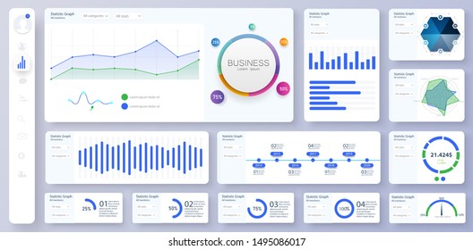 Informative and simple dashboard. Colorful infographics template for business and other projects. Admin panel interface with color charts, graphs, 3D infographics. Vector 