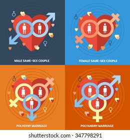 Informative square flat banners set with symbols nontraditional  and polygamy relationship. Gay and lesbian couple icons. Vector illustration